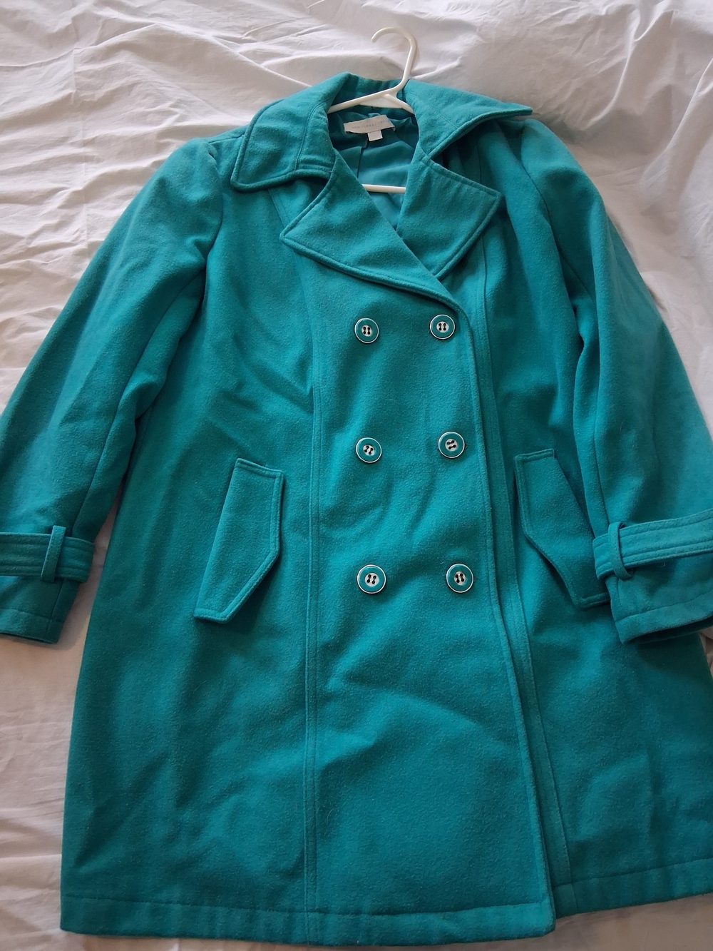New York & Company Teal Double-Breasted Pea Coat